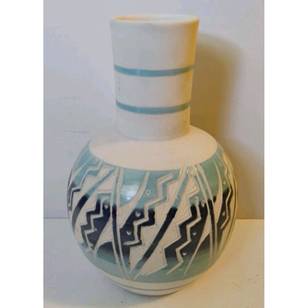 Vintage Mexican Folk Art Pottery Vase Southwest Geometric Signed R. Gonza 7.5"
